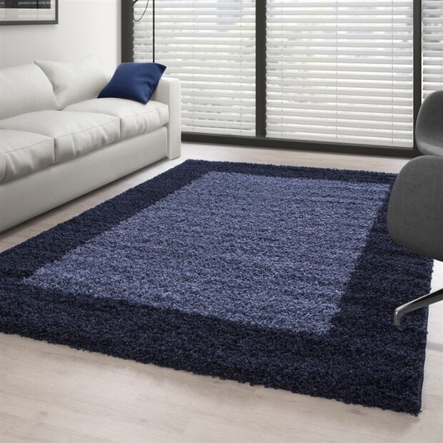 flycarpets Hoogpolig vloerkleed - Candy Shaggy Marineblauw Lijstmotief
