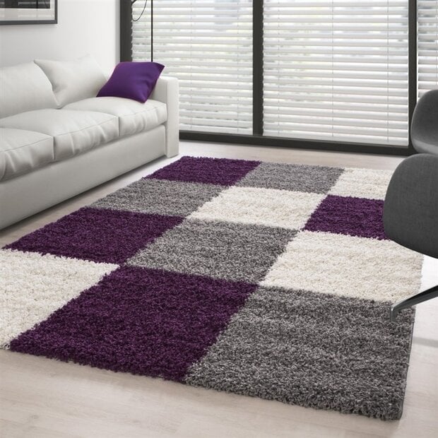 flycarpets Hoogpolig vloerkleed -candy Shaggy Paars Geblokt
