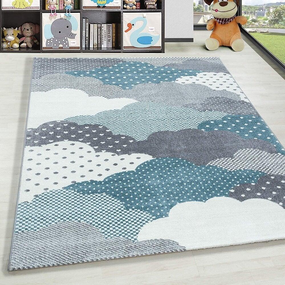 Flycarpets Kids Kinderkamer Blauw - Grijs Vloerkleed - Wolken