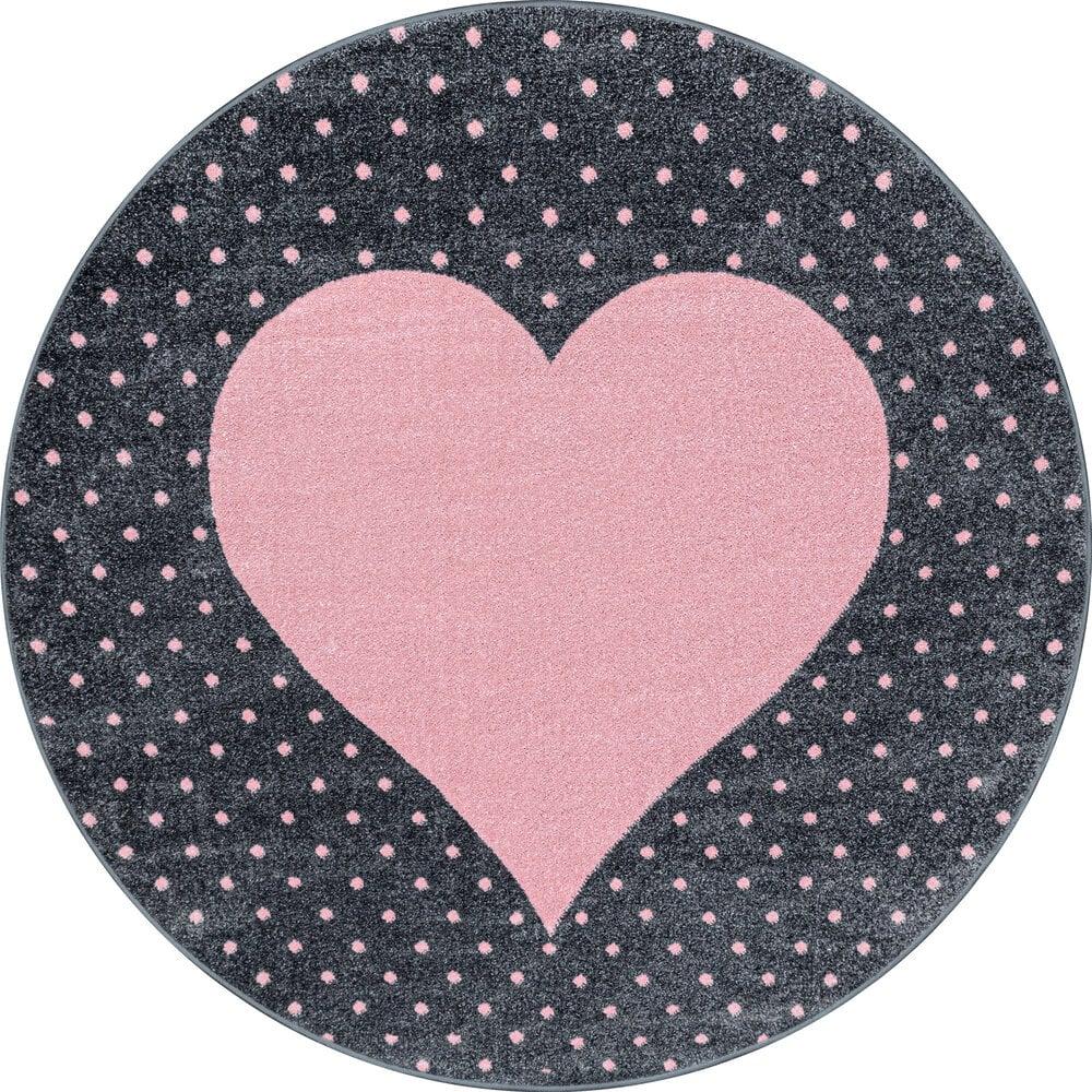Flycarpets Kids Kinderkamer Rond Grijs / Roze Vloerkleed - Hart