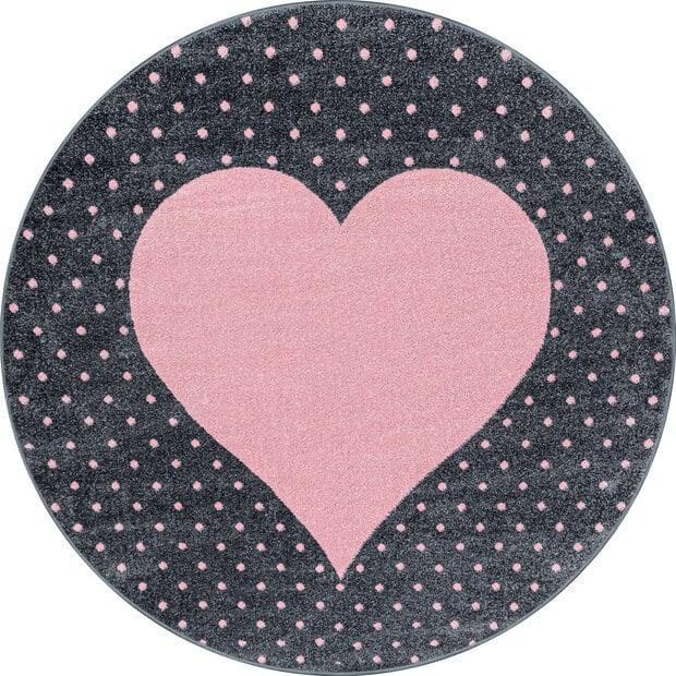 flycarpets Kids Kinderkamer Rond Grijs / Roze vloerkleed - Hart