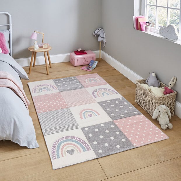flycarpets Kids Kinderkamer Roze vloerkleed - Geblokt