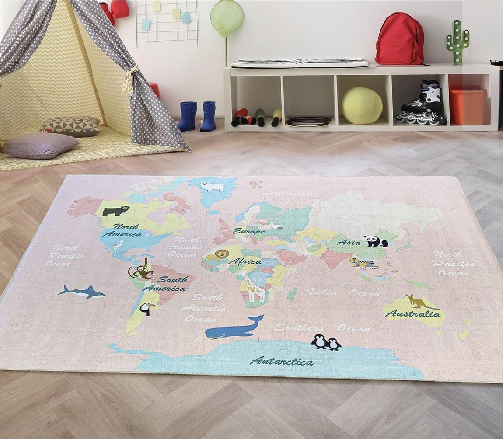 Flycarpets Kids Speelkleed Kinderkamer Roze Vloerkleed - Wereldkaart