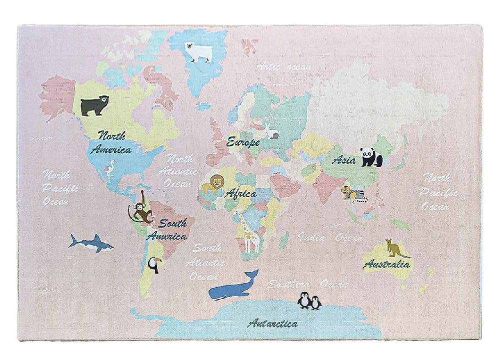 Flycarpets Kids Speelkleed Kinderkamer Roze Vloerkleed - Wereldkaart