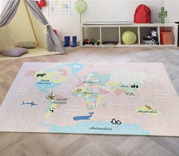 flycarpets Kids Speelkleed Kinderkamer Roze vloerkleed - Wereldkaart flycarpets Kids Speelkleed Kinderkamer Roze vloerkleed - Wereldkaart