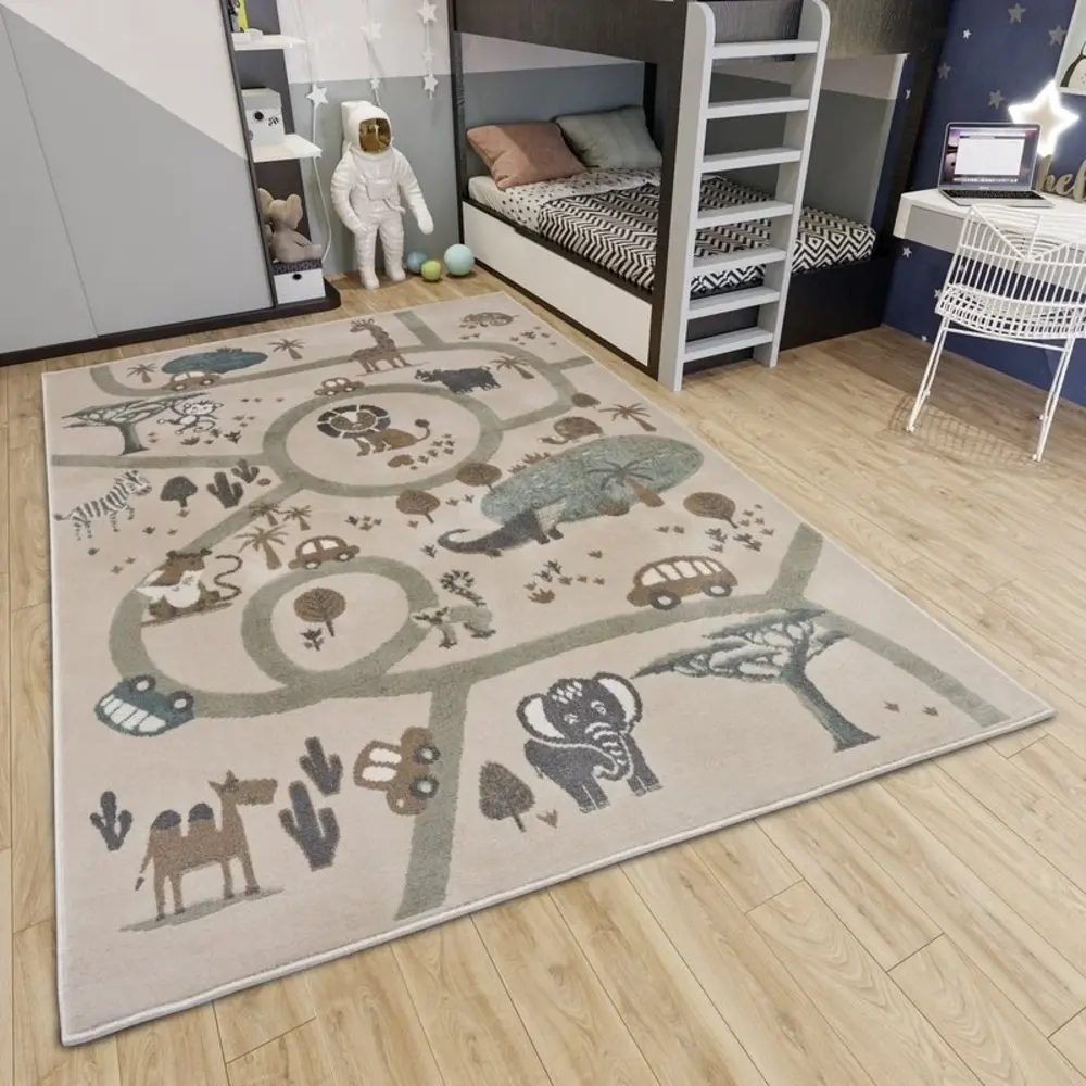 Flycarpets Kindervloerkleed - Adventures Dierentuin Bruin/Grijs