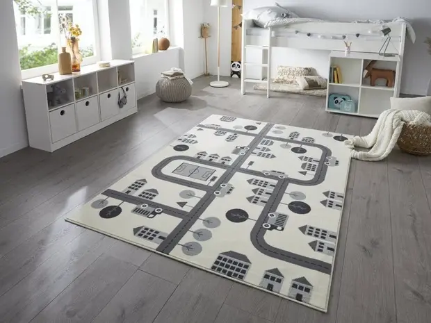 flycarpets Kindervloerkleed - Adventures Stad Design Crème/Grijs