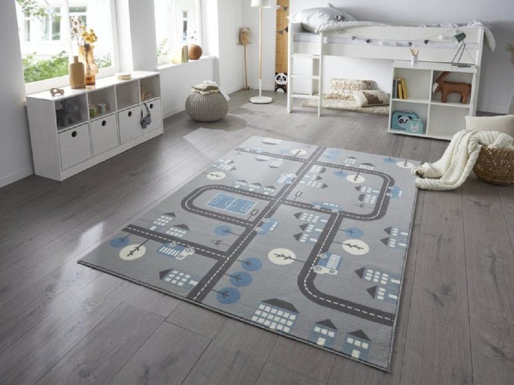 Flycarpets Kindervloerkleed - Adventures Stad Design Grijs/Blauw