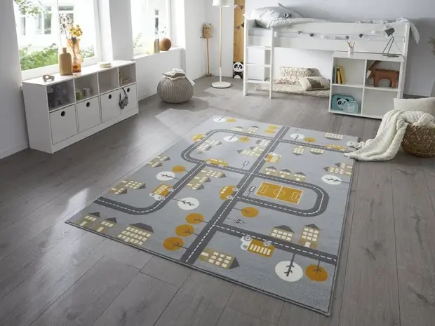 flycarpets Kindervloerkleed - Adventures Stad Design Grijs/Geel