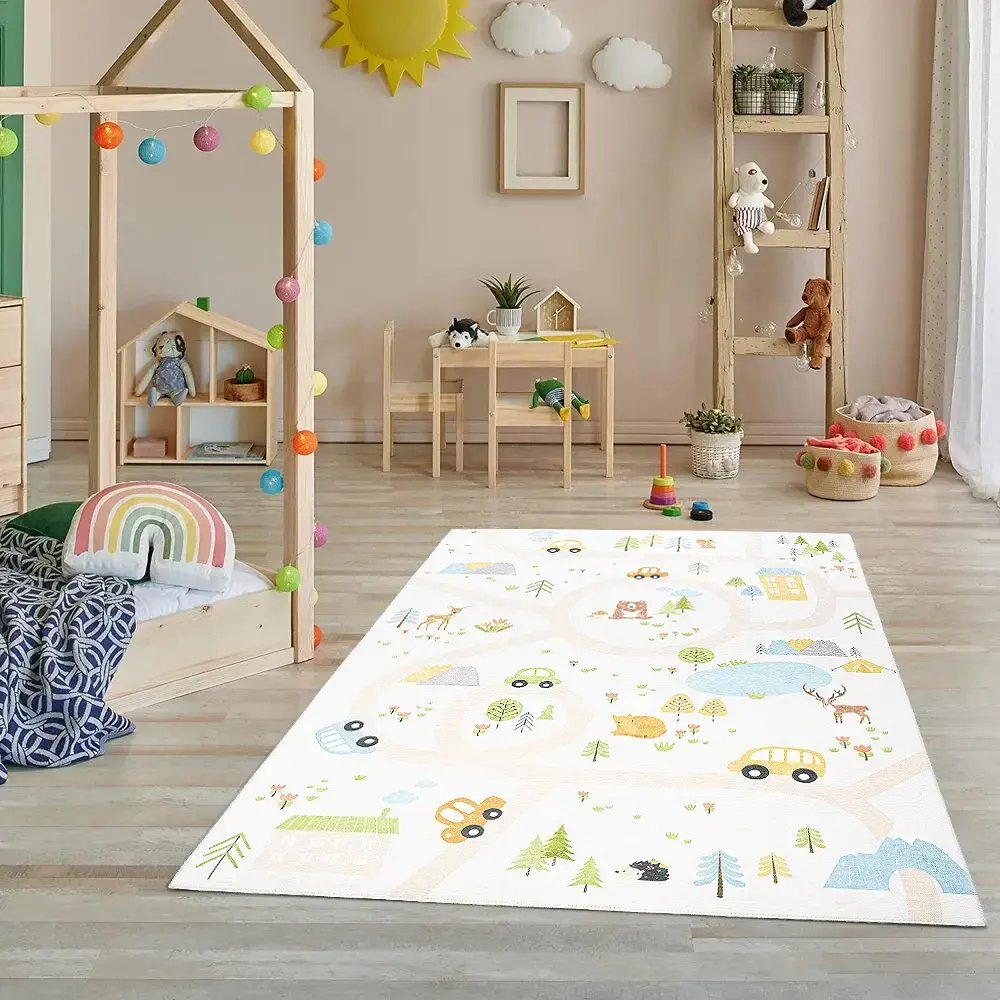 Flycarpets Kindervloerkleed - Happy Roads Beige/Multi