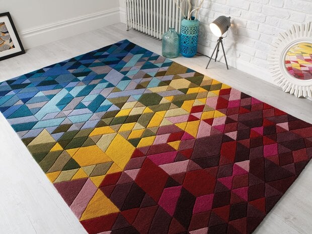 flycarpets Kingston vloerkleed - Laagpolig - 100% Wol - Geo Modern - Multi