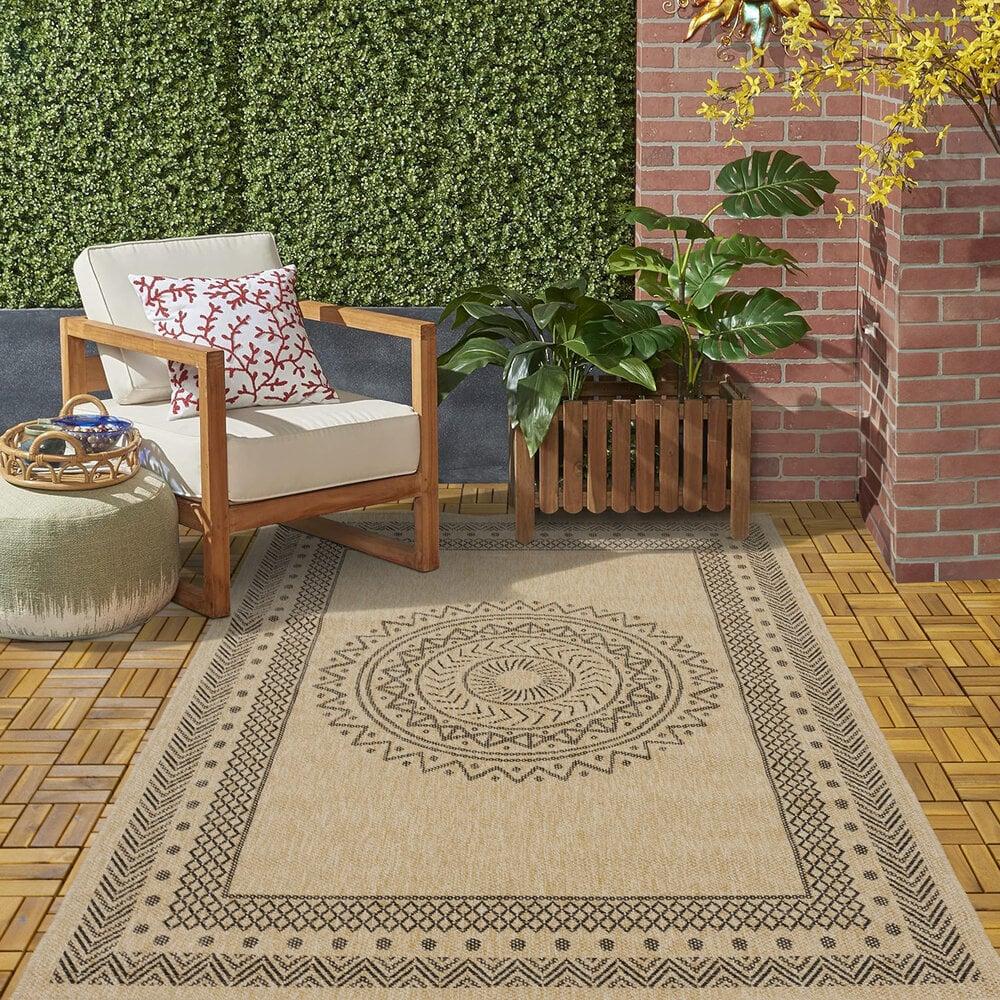 Flycarpets Lucia Naturel Sisal Beige / Zwart Vloerkleed - Buitenkleed Voor Binnen & Buiten