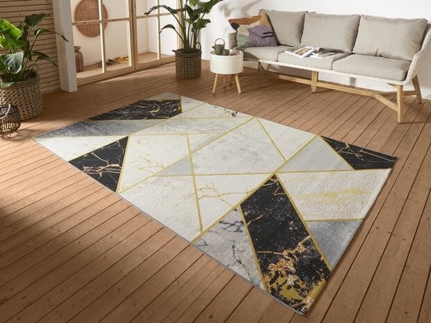 flycarpets Modern Binnen- En Buitenkleed - Noble Zwart/Grijs/Goud