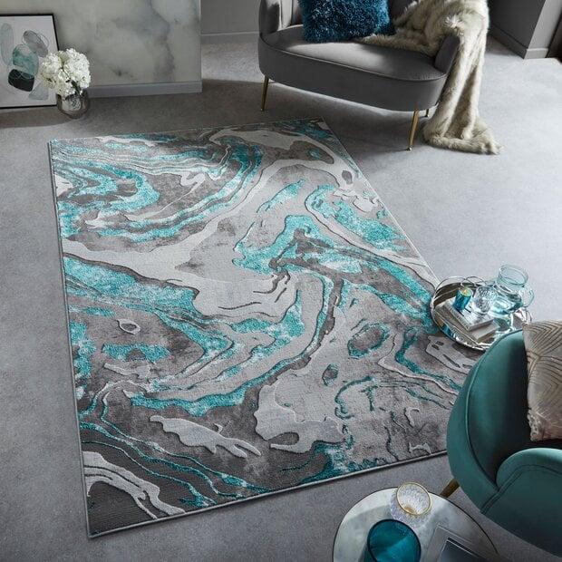 flycarpets Modern vloerkleed - Marbled Grijs/Turquoise