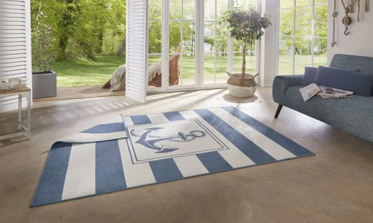 Flycarpets Omkeerbaar Binnen & Buitenkleed - Gandara Anker Blauw/Crème