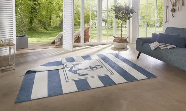flycarpets Omkeerbaar Binnen & Buitenkleed - Gandara Anker Blauw/Crème