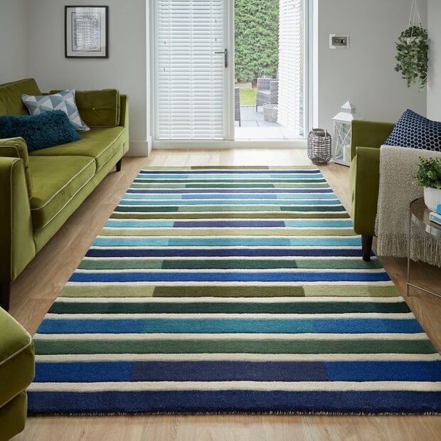 flycarpets Piano vloerkleed - Laagpolig - 100% Wol - Driehoek Modern - Groen / Blauw