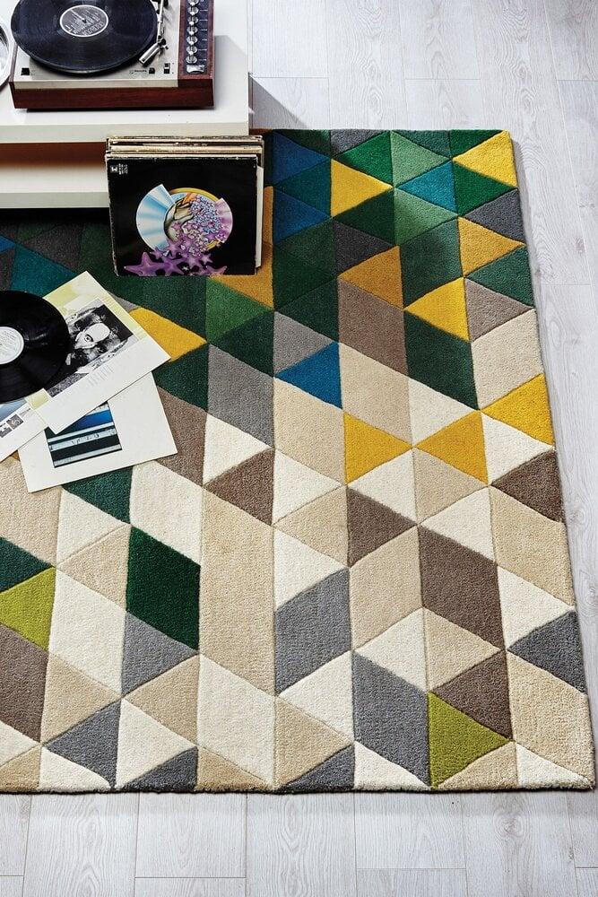 Flycarpets Prism Vloerkleed - Laagpolig - 100% Wol - Driehoek Modern - Groen / Multi