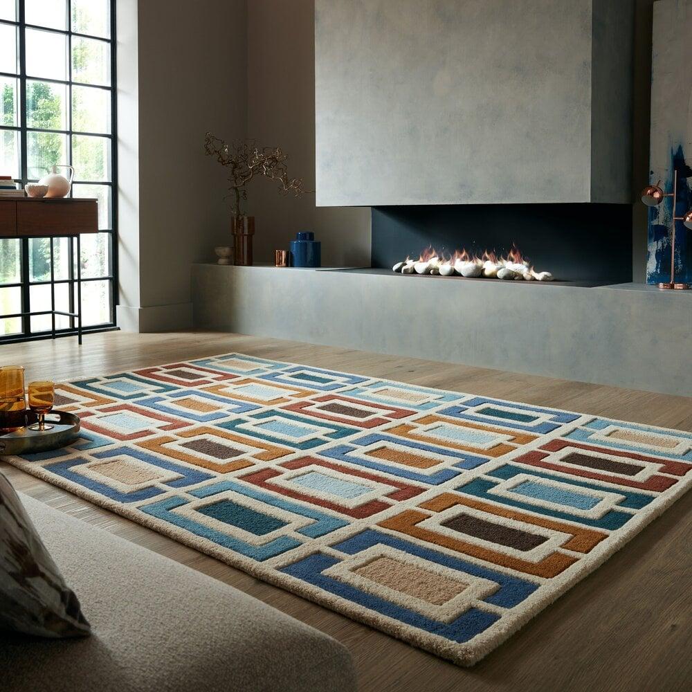 Flycarpets Retro Vloerkleed Geblokt - Handgetuft Gekleurd - Blauw / Multi
