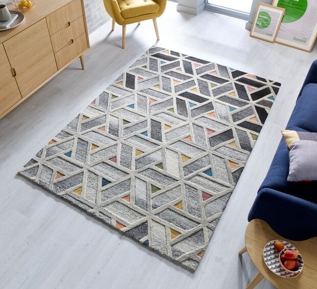 flycarpets River vloerkleed - Laagpolig - 100% Wol - Geo Modern - Grijs / Multi
