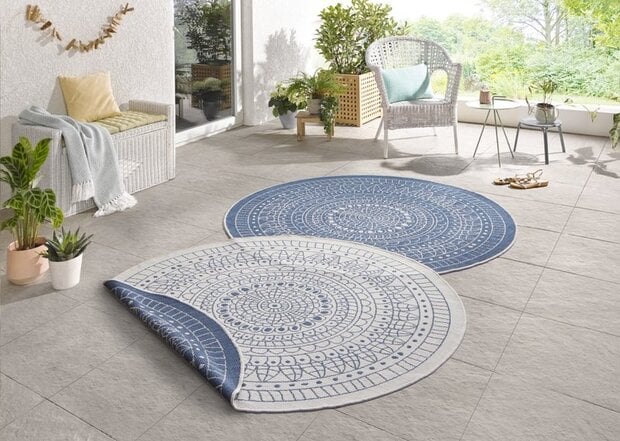 flycarpets Rond Binnen & Buitenkleed Omkeerbaar - Porto Blauw/Crème