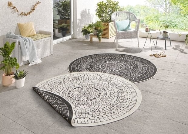 flycarpets Rond Binnen & Buitenkleed Omkeerbaar - Porto Zwart/Crème