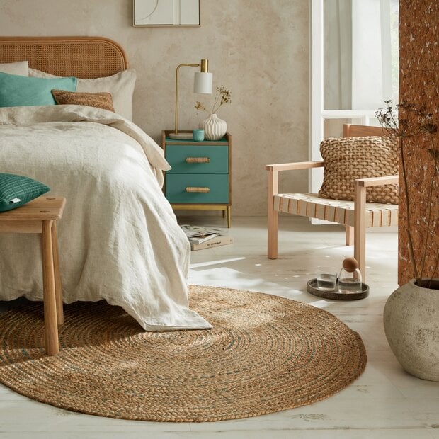 flycarpets Rond Jute Vloerkleed - Capri - Jute - Naturel / Blauw : Boho Chic & Natuurlijke Elegantie