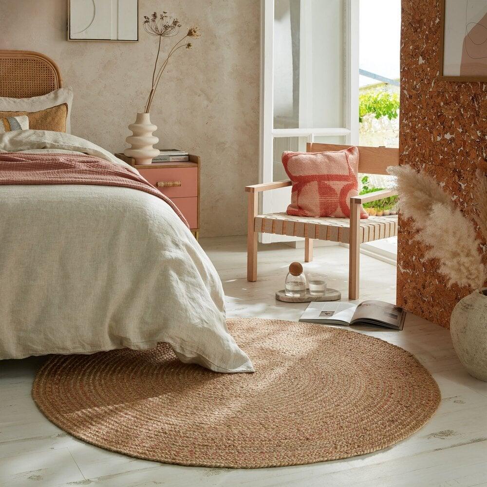 Flycarpets Rond Jute Vloerkleed - Capri - Jute - Naturel / Koraalkleur : Boho Chic & Natuurlijke Elegantie