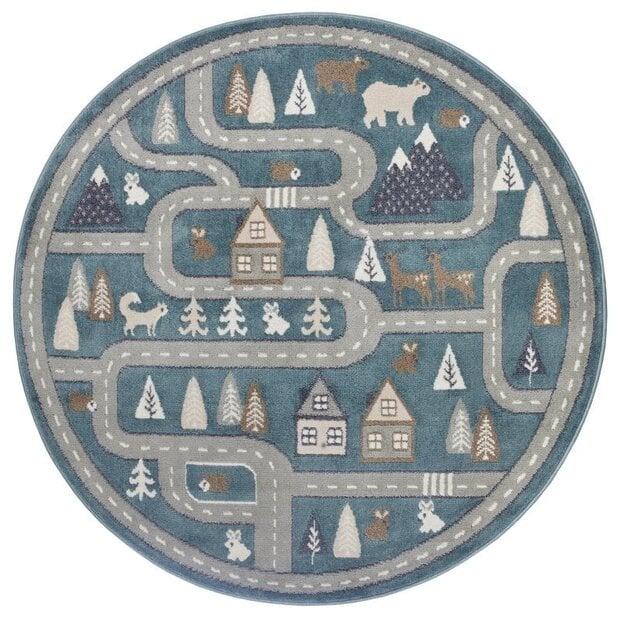 flycarpets Rond Kindervloerkleed - Adventures Straten Groen/Grijs