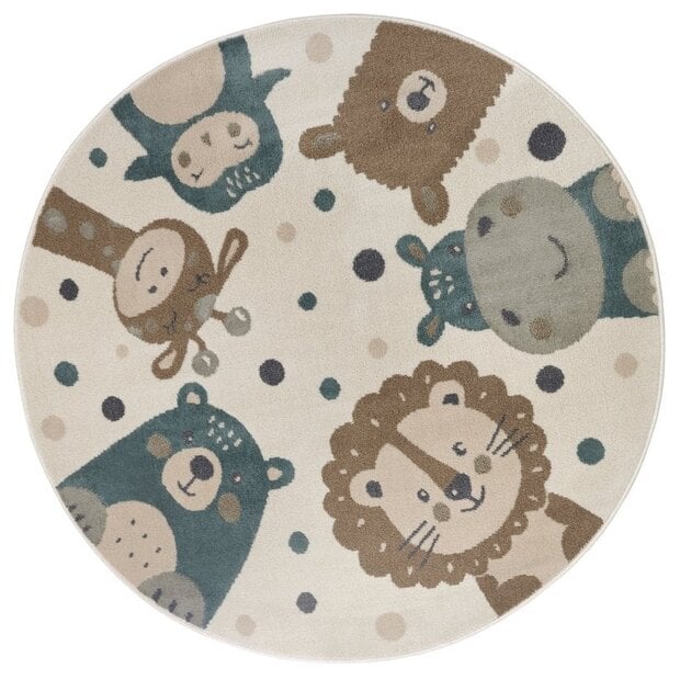 flycarpets Rond Kindervloerkleed - Dieren Adventures Crème/ Bruin/Blauw
