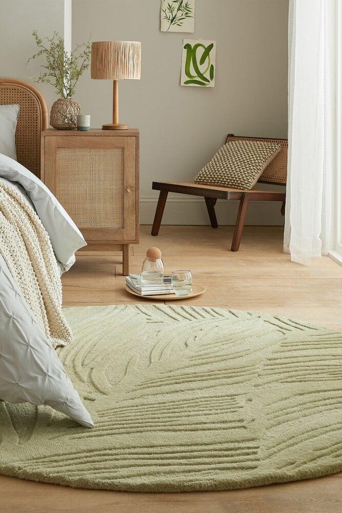 Flycarpets Rond Modern Wollen Vloerkleed - Lino Leaf Salie Groen