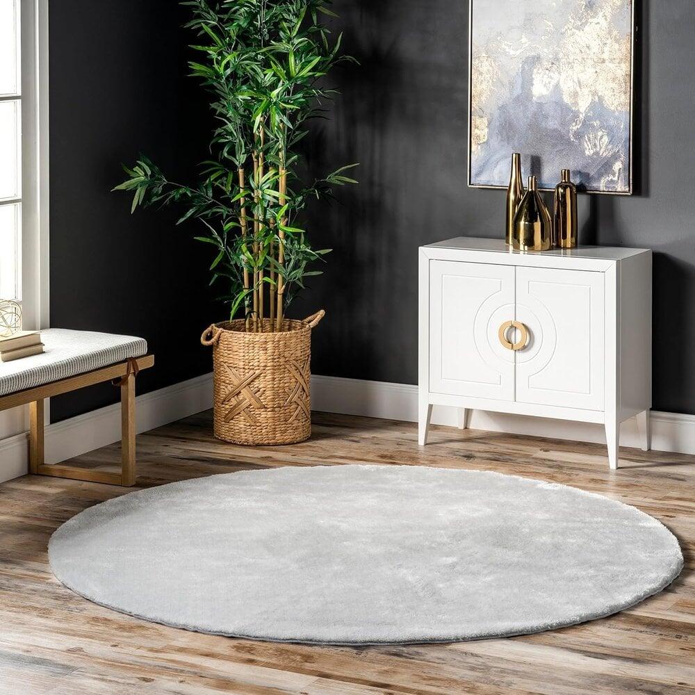 Flycarpets Rond Wasbaar Vloerkleed - Solid Zilver / Lichtgrijs