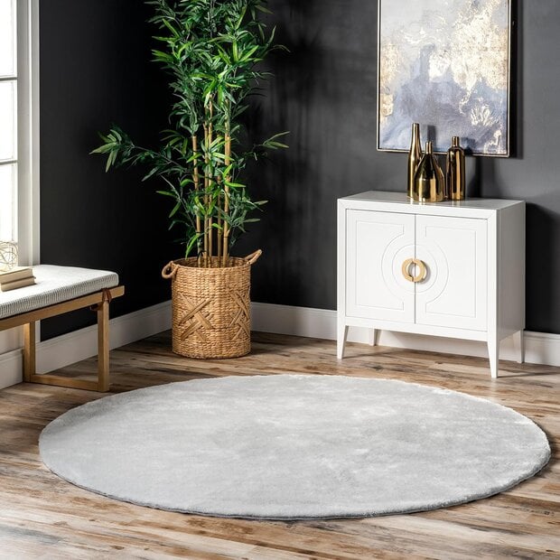 flycarpets Rond Wasbaar vloerkleed - Solid Zilver / Lichtgrijs