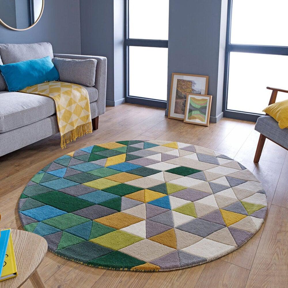 Flycarpets Rond Wollen Vloerkleed - Prism Geometrisch Groen/Multi