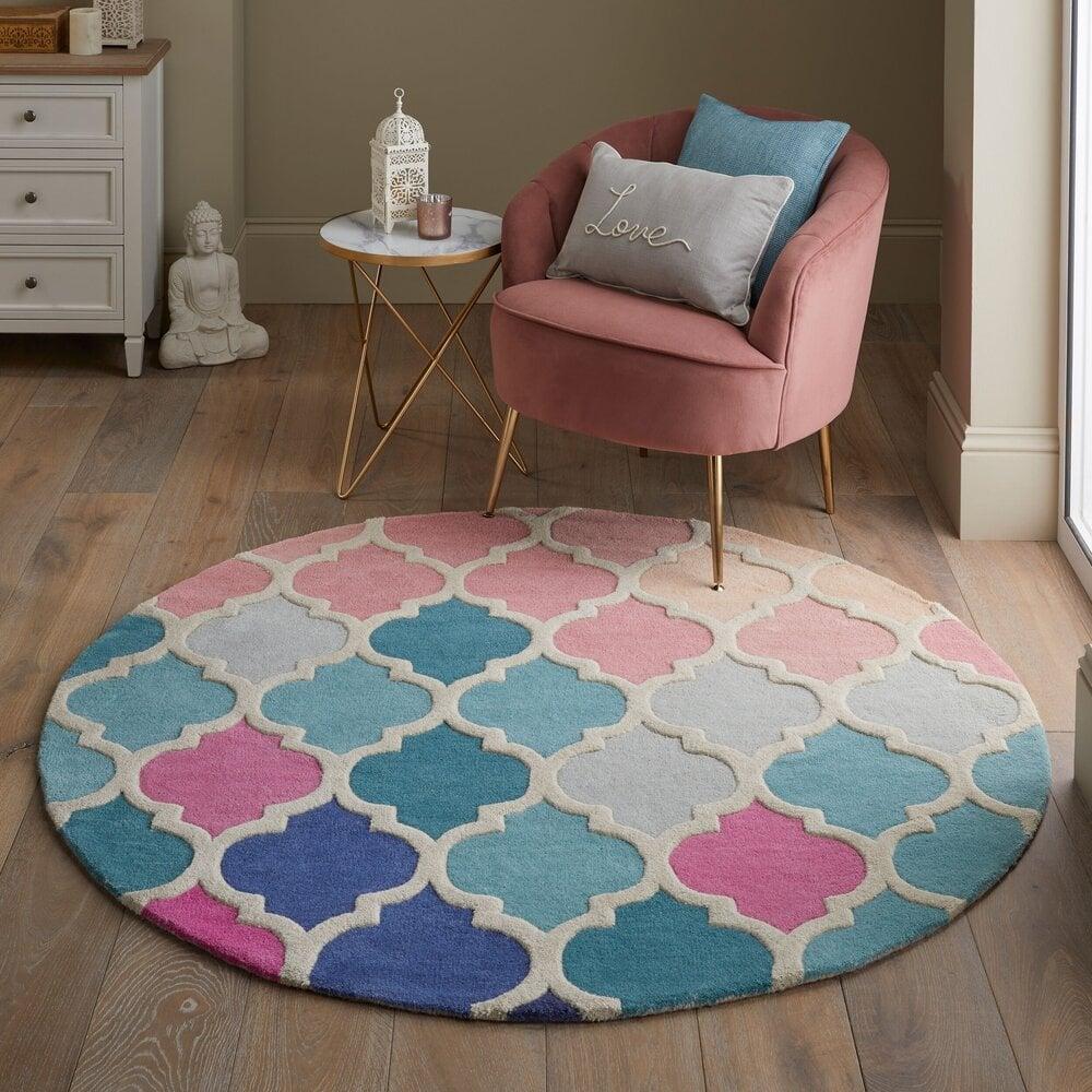 Flycarpets Rond Wollen Vloerkleed - Reverie Roze/Blauw