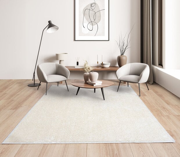 flycarpets Rosia vloerkleed - Effen Uni & Wasbaar Hoogpolig - Crème