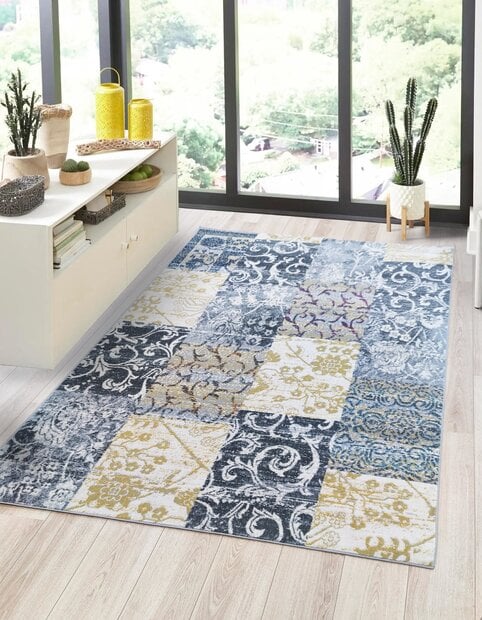 flycarpets Sarande Vintage Grijs / Geel vloerkleed - Patchwork Design