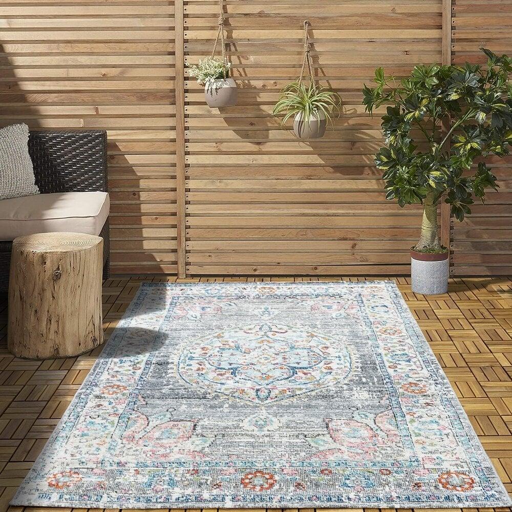 Flycarpets Sena Vintage Medaillon Grijs / Multi Vloerkleed - Indoor En Outdoor