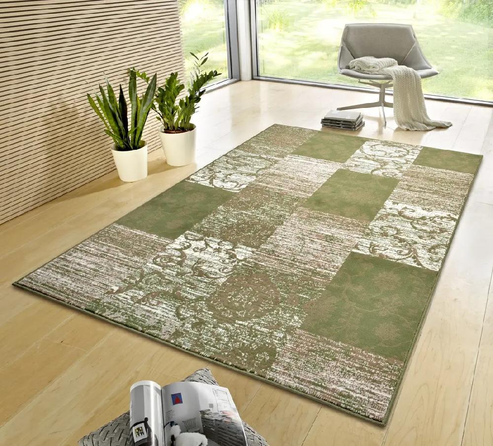 Flycarpets Vintage Patchwork Laagpolig Vloerkleed - Gloria - Crème / Groen