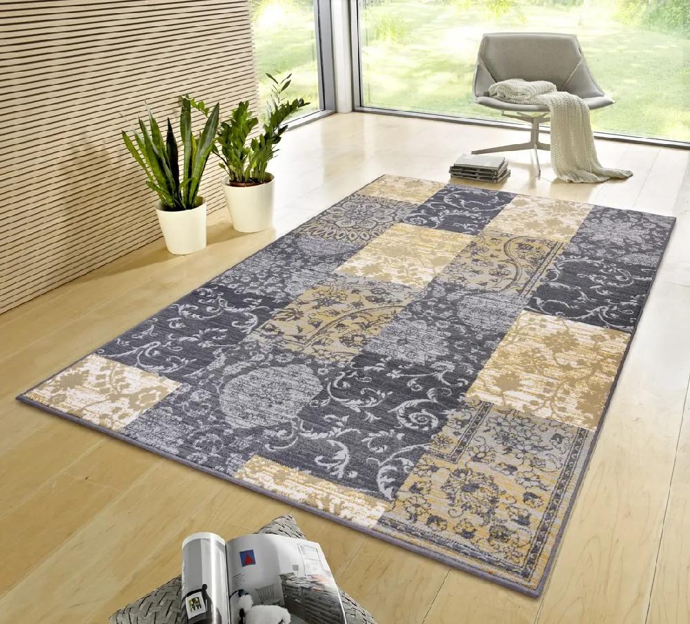 Flycarpets Vintage Patchwork Laagpolig Vloerkleed - Gloria - Grijs / Mosterd