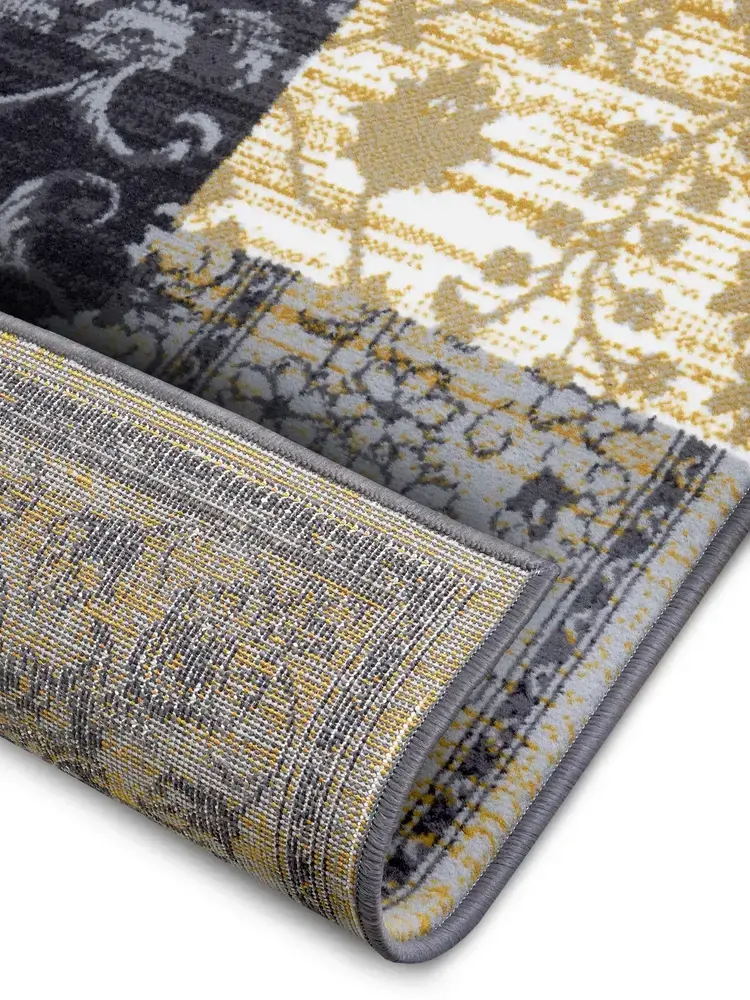 Flycarpets Vintage Patchwork Laagpolig Vloerkleed - Gloria - Grijs / Mosterd