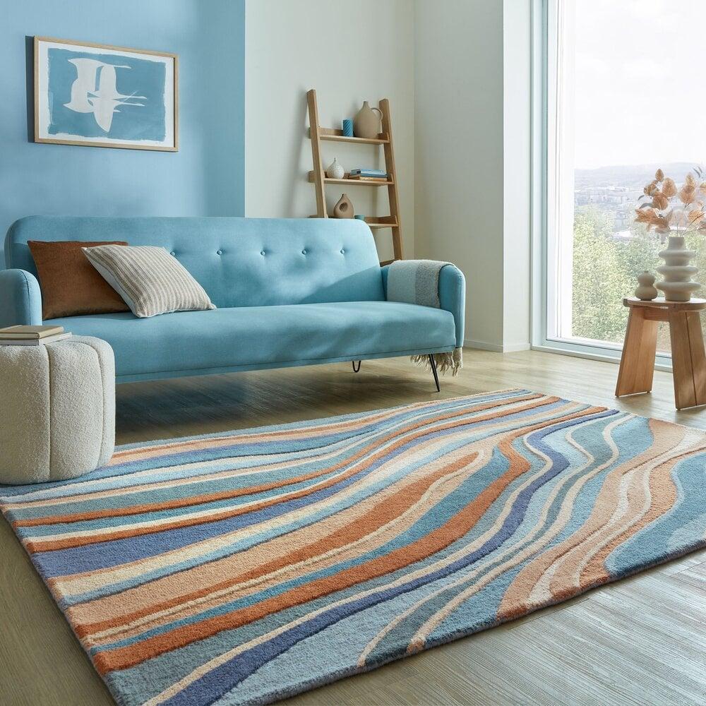Flycarpets Wollen Vloerkleed - Flow Abstract Blauw/Terra