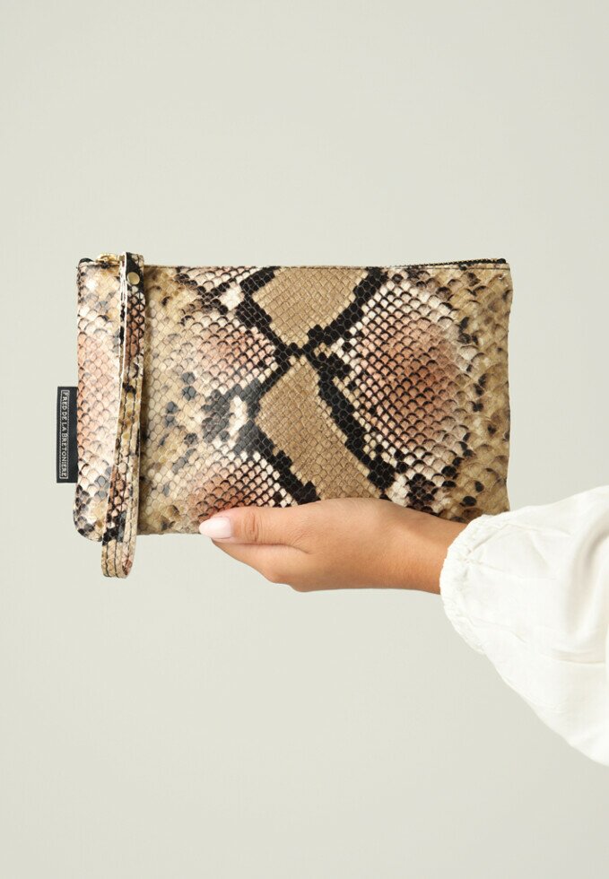 Fred De La Bretoniere Clutch Snake Printed Taupe