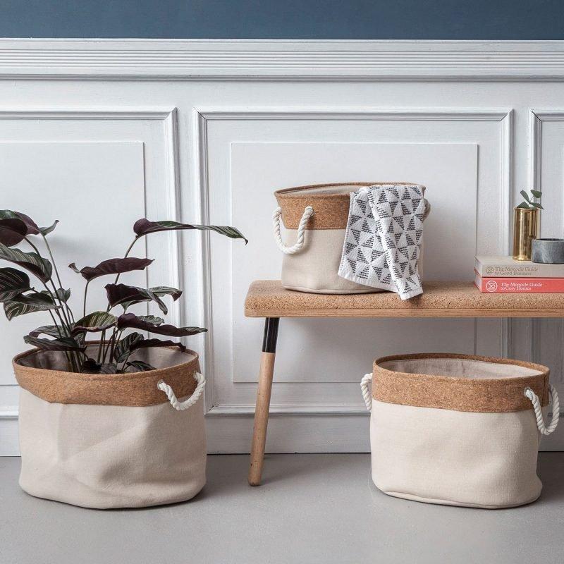 furniteam 3-Piece Fabric Basket Set with Cork & Cotton