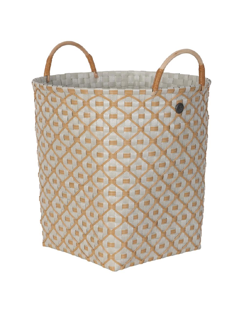 handed by Ivy Rose large - Size L open round basket with ecru pattern with bamboo handles