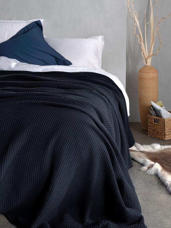 heckett & lane Sprei Wafel Navy Blue - Gerecycled Katoen