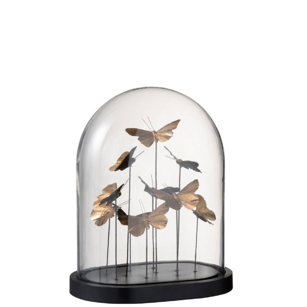 homedecoration Decoratie Stolp Vlinders Glas Zwart Goud - Large