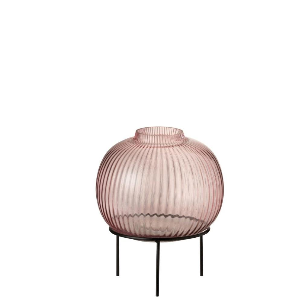 homedecoration Vaas Glas Op Voet Rond Geribbeld Roze - Large