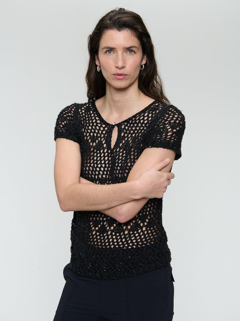 Jane Lushka Openwork Knit Top With Sequins 9041 Black