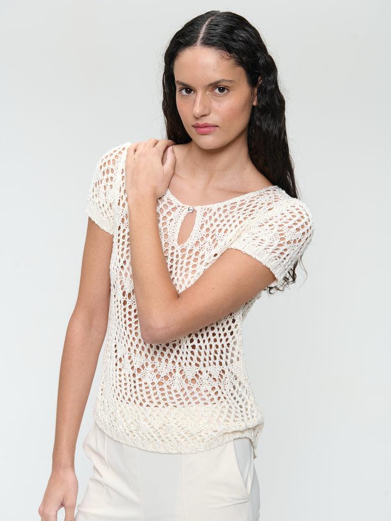 Jane Lushka Openwork Knit Top With Sequins 9041 Off White